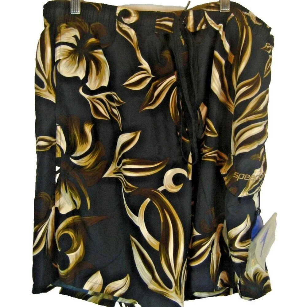 Mens Speedo Black Floral Poly Lined 3 Pocket Board Swim Shorts sz Med